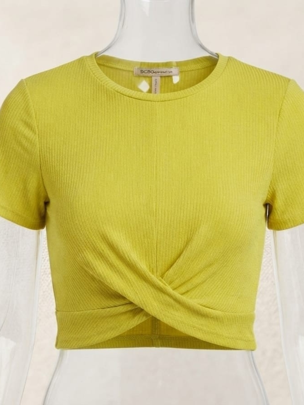 BCBGeneration Lime Yellow Twist-Front Ribbed Crop Top